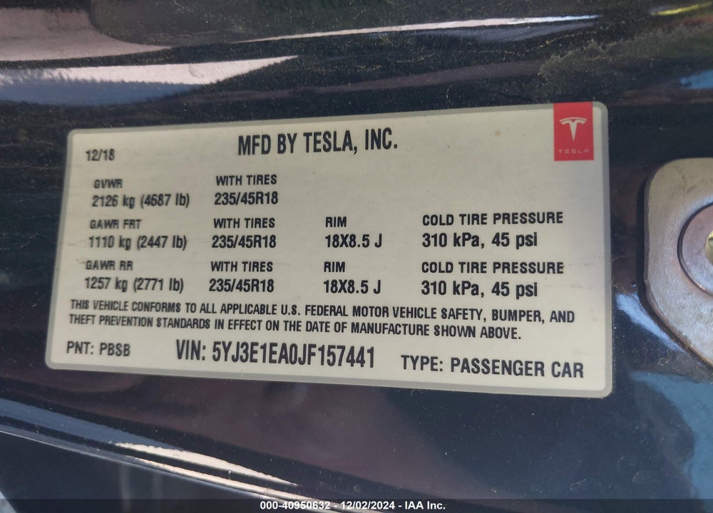 2018 TESLA MODEL 3 LONG RANGE/MID RANGE VIN: 5YJ3E1EA0JF157441