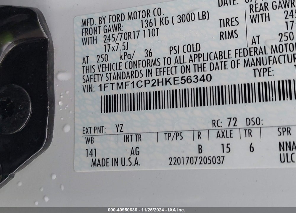 2017 FORD F-150 XL VIN: 1FTMF1CP2HKE56340