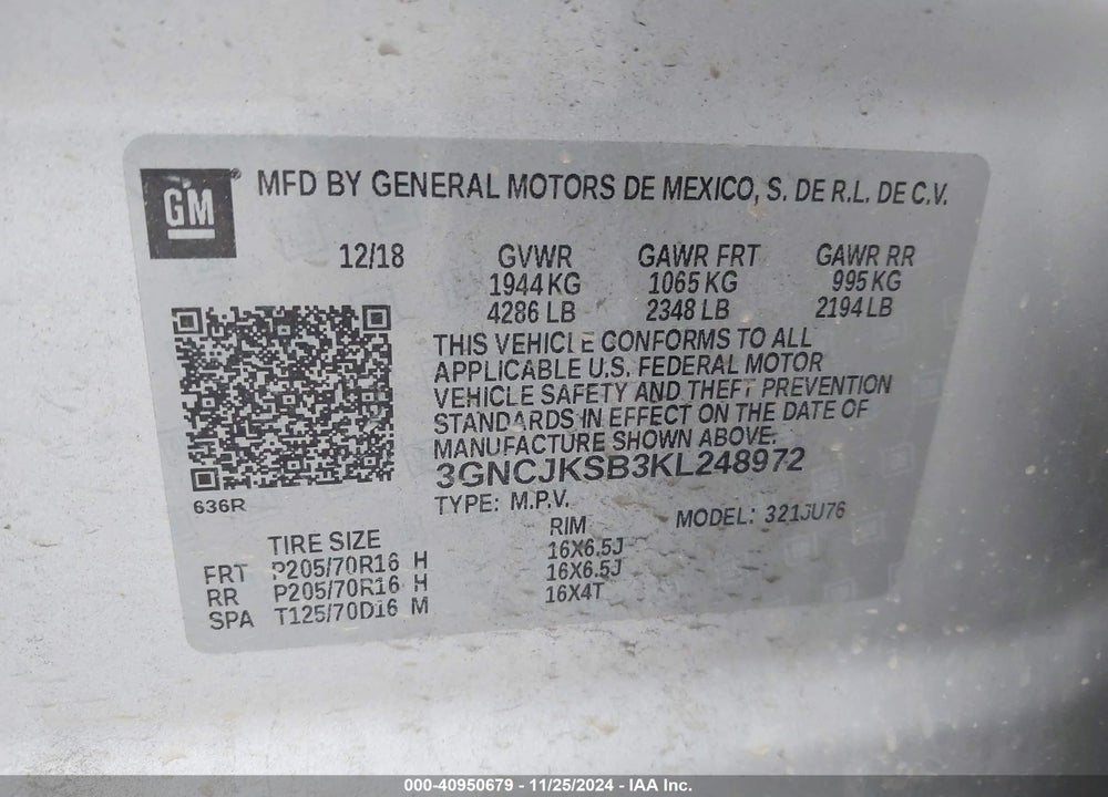 2019 CHEVROLET TRAX LS VIN: 3GNCJKSB3KL248972