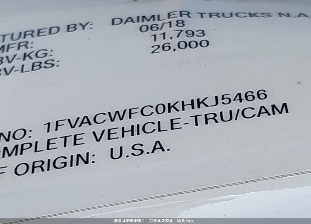 2019 FREIGHTLINER M2 106 VIN: 1FVACWFC0KHKJ5466