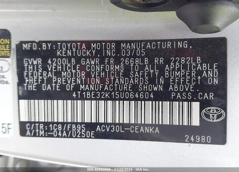 2005 TOYOTA CAMRY LE VIN: 4T1BE32K15U064604