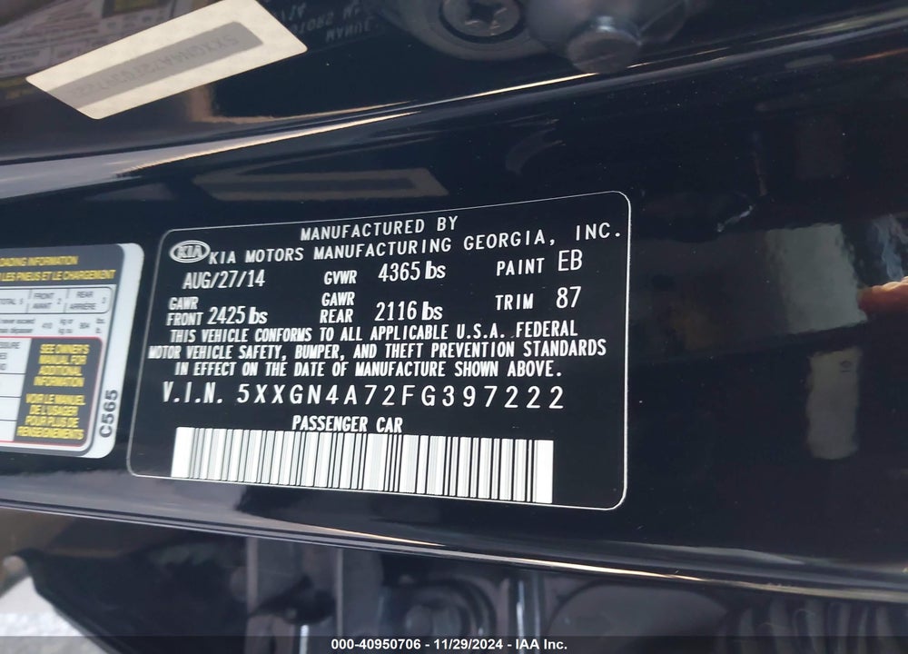 2015 KIA OPTIMA EX VIN: 5XXGN4A72FG397222