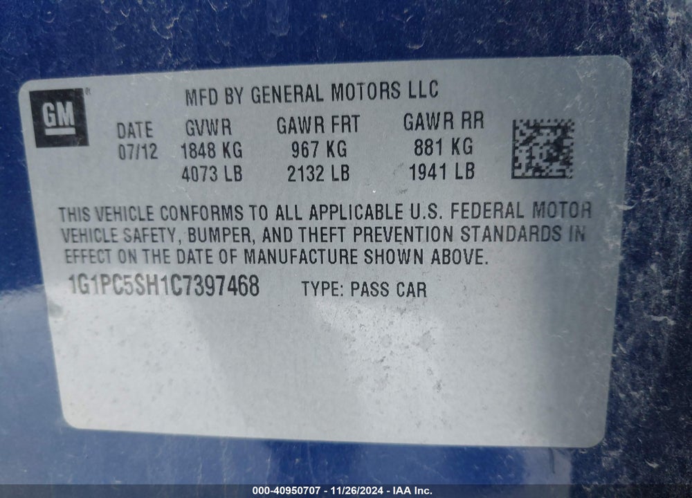 2012 CHEVROLET CRUZE LS VIN: 1G1PC5SH1C7397468