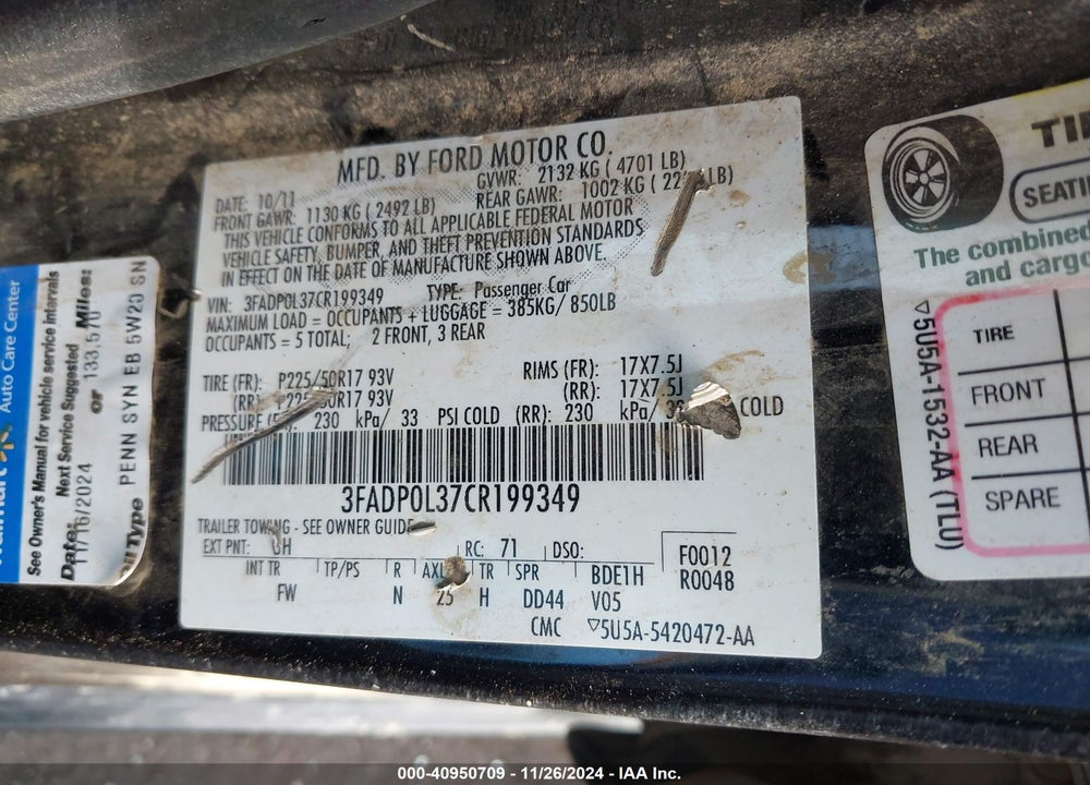 2012 FORD FUSION HYBRID VIN: 3FADP0L37CR199349