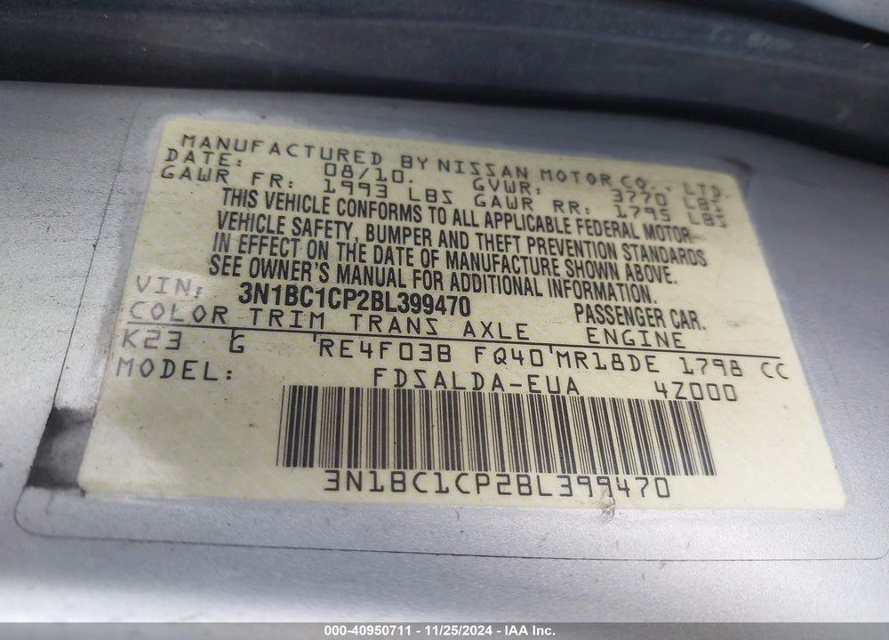 2011 NISSAN VERSA 1.8S VIN: 3N1BC1CP2BL399470
