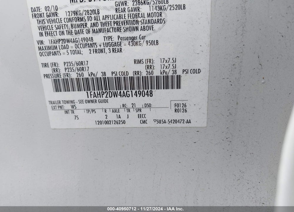 2010 FORD TAURUS SE VIN: 1FAHP2DW4AG149048