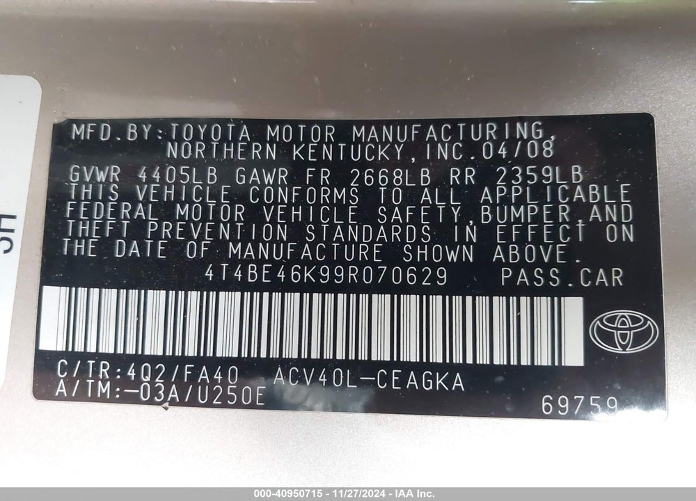 2009 TOYOTA CAMRY XLE VIN: 4T4BE46K99R070629