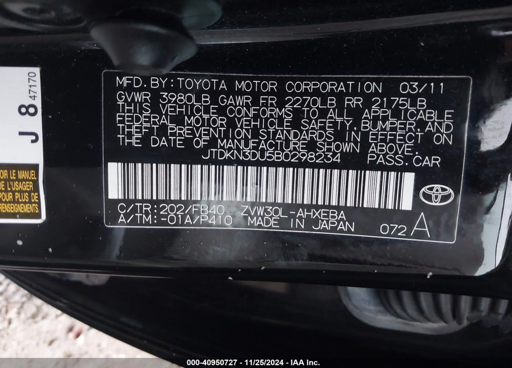 2011 TOYOTA PRIUS TWO VIN: JTDKN3DU5B0298234