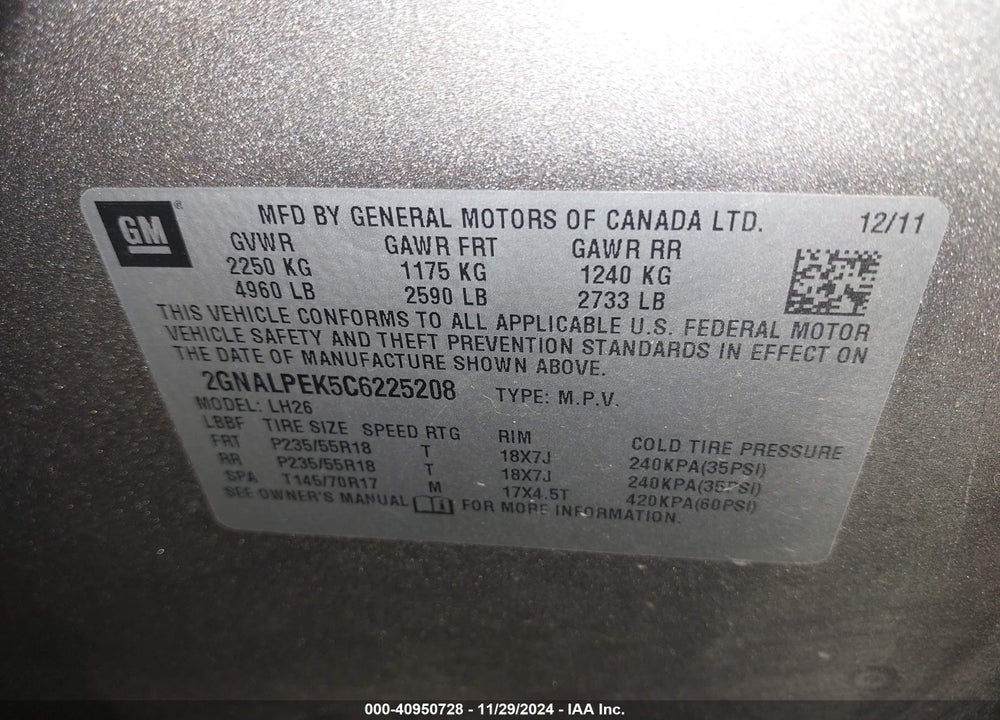 2012 CHEVROLET EQUINOX 2LT VIN: 2GNALPEK5C6225208