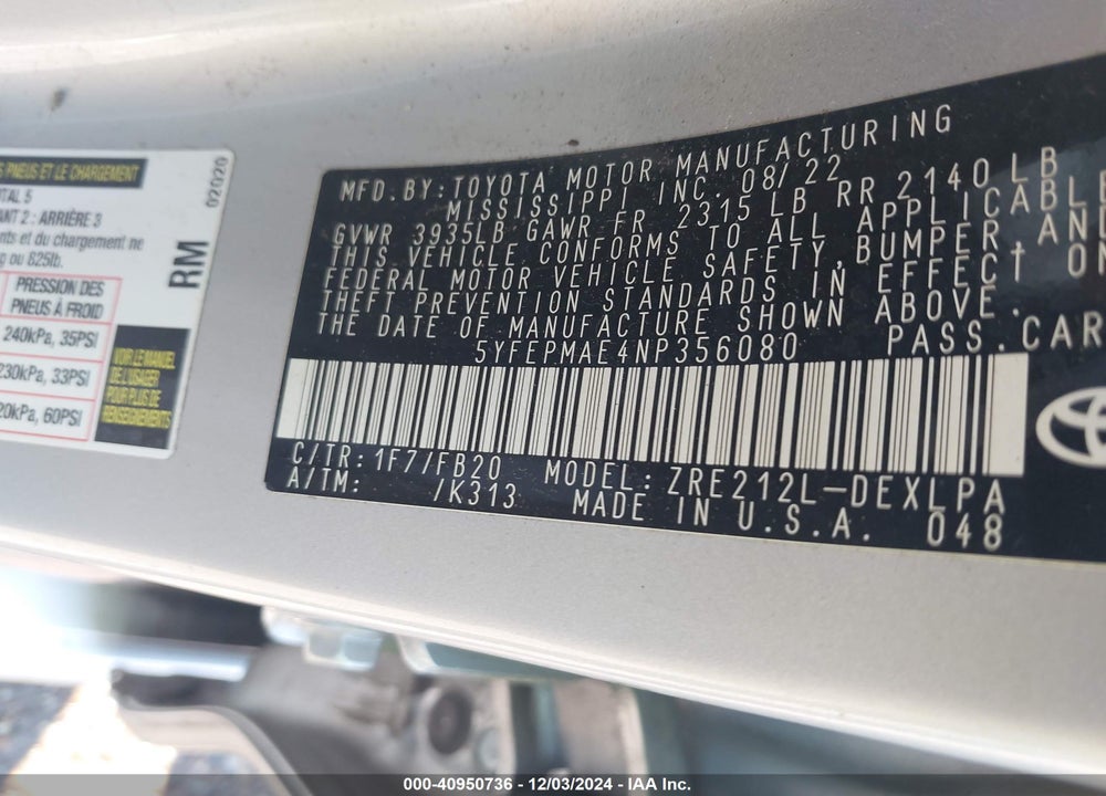 2022 TOYOTA COROLLA LE VIN: 5YFEPMAE4NP356080