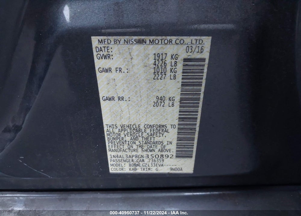 2016 NISSAN ALTIMA 2.5/2.5 S/2.5 SL/2.5 SR/2.5 SV VIN: 1N4AL3AP8GN350892