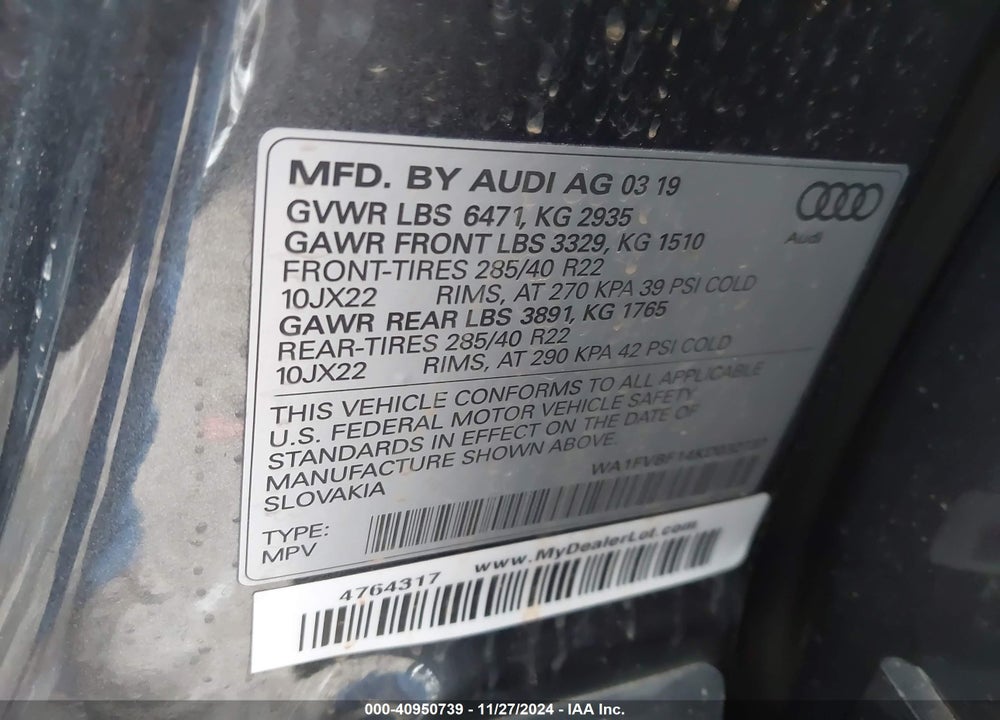 2019 AUDI Q8 55 PREMIUM VIN: WA1FVBF14KD032737