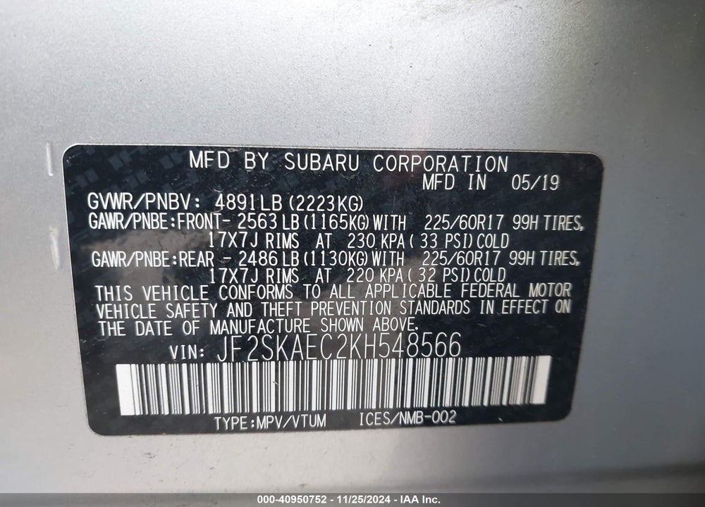 2019 SUBARU FORESTER PREMIUM VIN: JF2SKAEC2KH548566