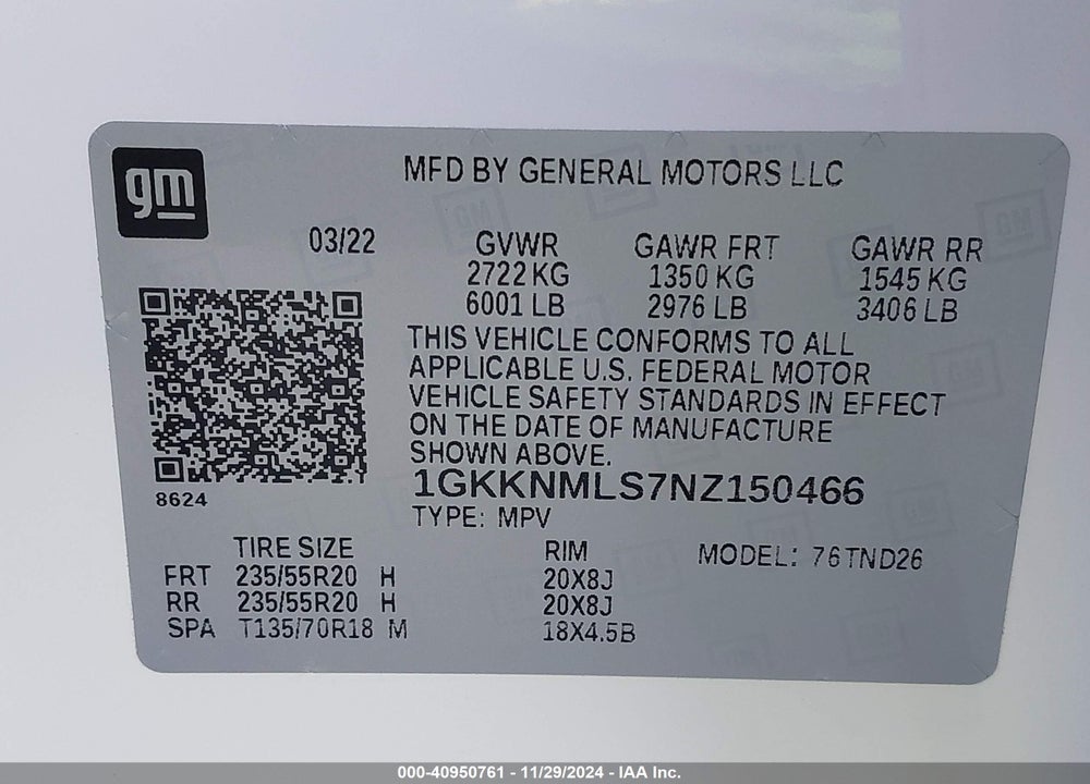2022 GMC ACADIA FWD SLT VIN: 1GKKNMLS7NZ150466