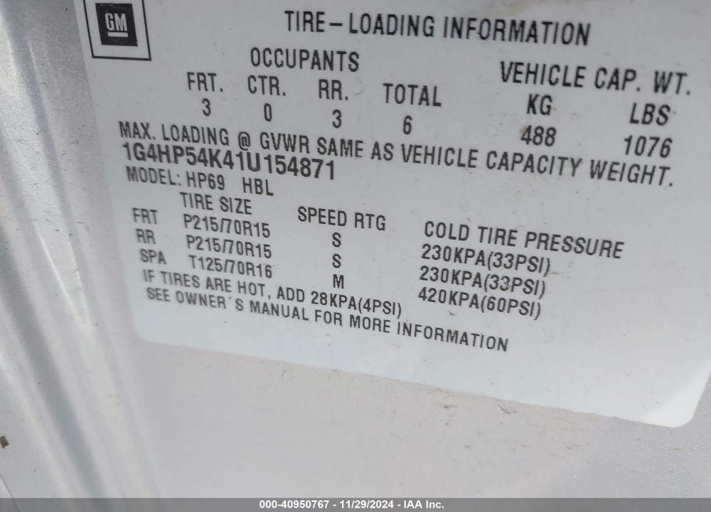 2001 BUICK LESABRE CUSTOM VIN: 1G4HP54K41U154871