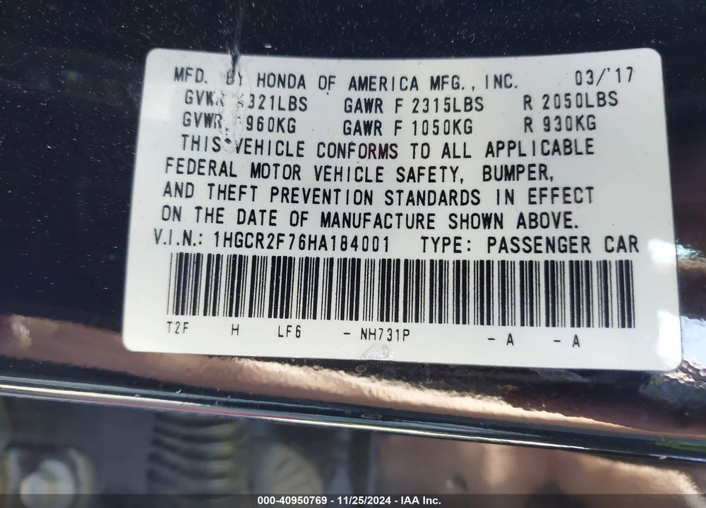 2017 HONDA ACCORD VIN: 1HGCR2F76HA184001