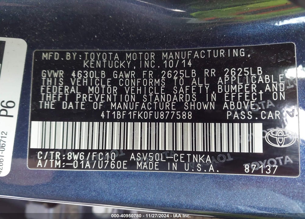 2015 TOYOTA CAMRY LE VIN: 4T1BF1FK0FU877588