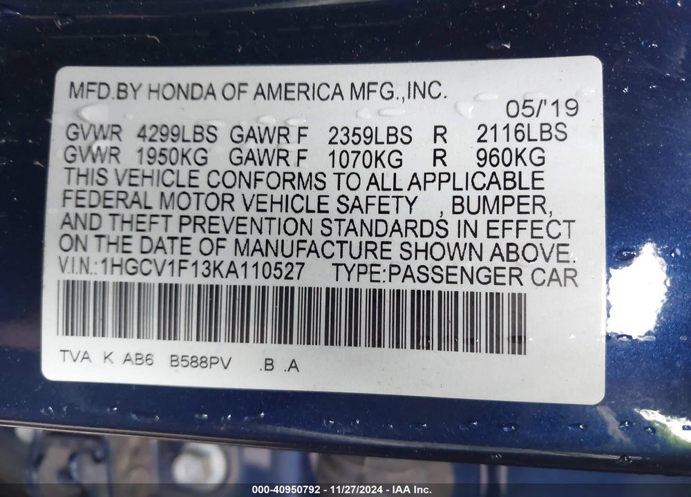 2019 HONDA ACCORD LX VIN: 1HGCV1F13KA110527
