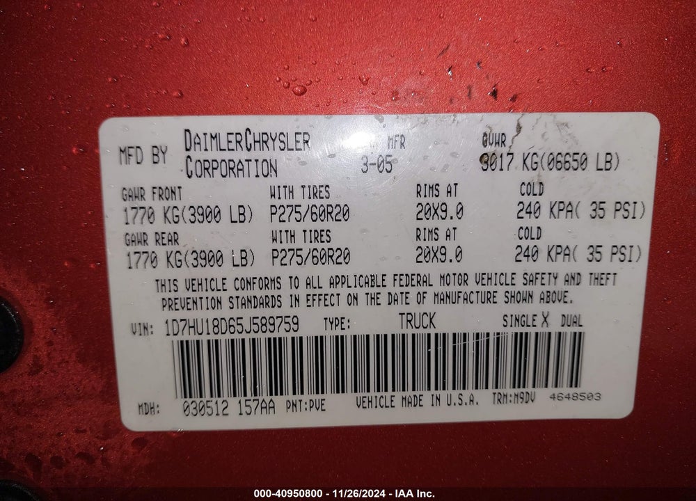 2005 DODGE RAM 1500 SLT/LARAMIE VIN: 1D7HU18D65J589759