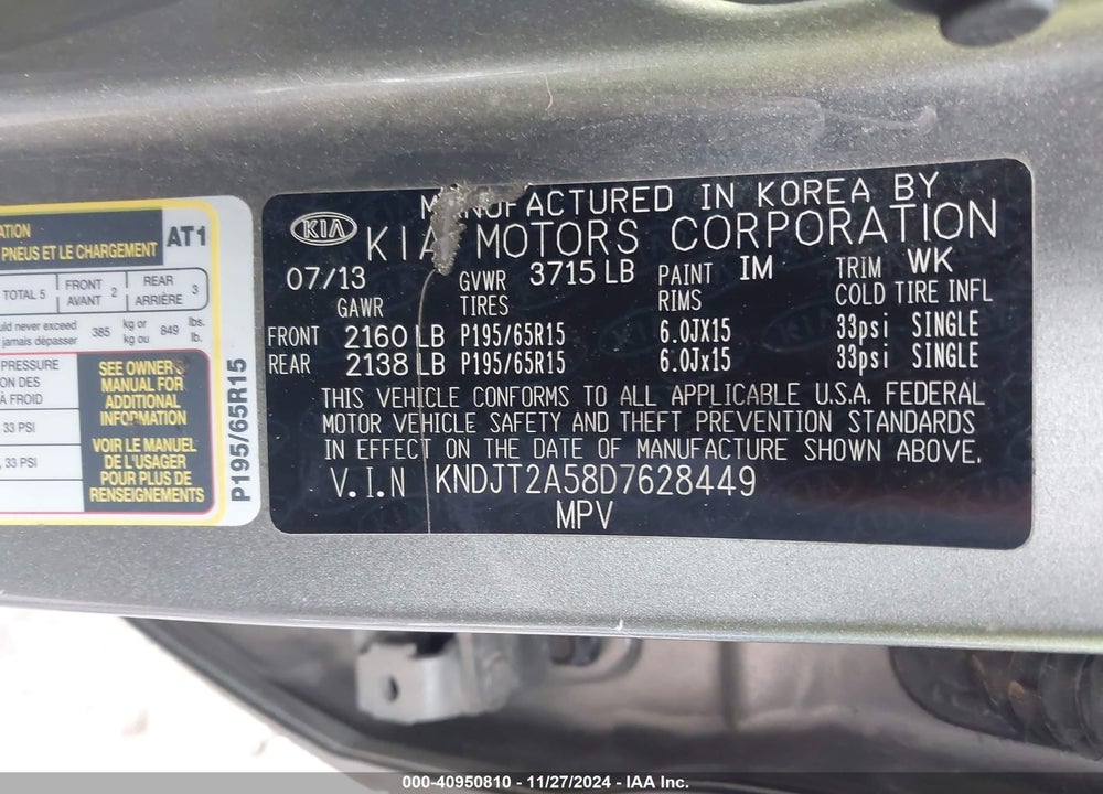2013 KIA SOUL VIN: KNDJT2A58D7628449