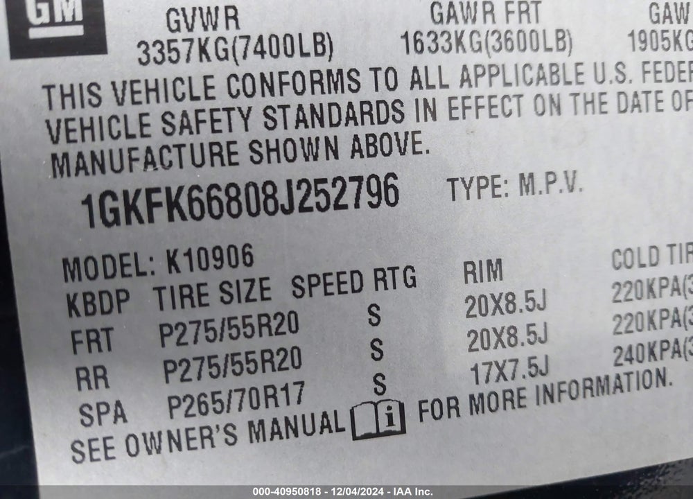 2008 GMC YUKON XL 1500 DENALI VIN: 1GKFK66808J252796