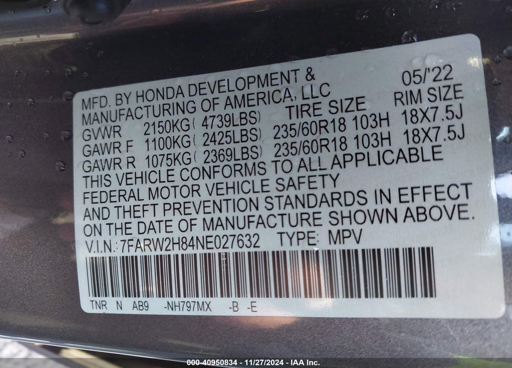 2022 HONDA CR-V AWD EX-L VIN: 7FARW2H84NE027632