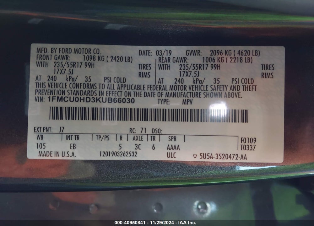 2019 FORD ESCAPE SEL VIN: 1FMCU0HD3KUB66030