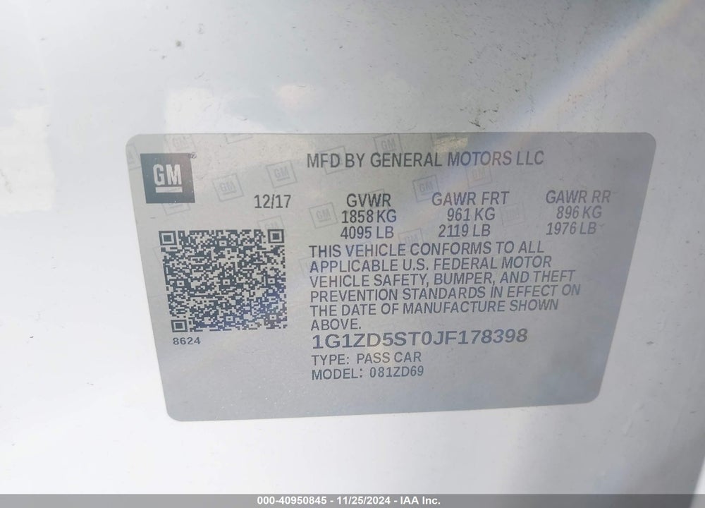 2018 CHEVROLET MALIBU LT VIN: 1G1ZD5ST0JF178398
