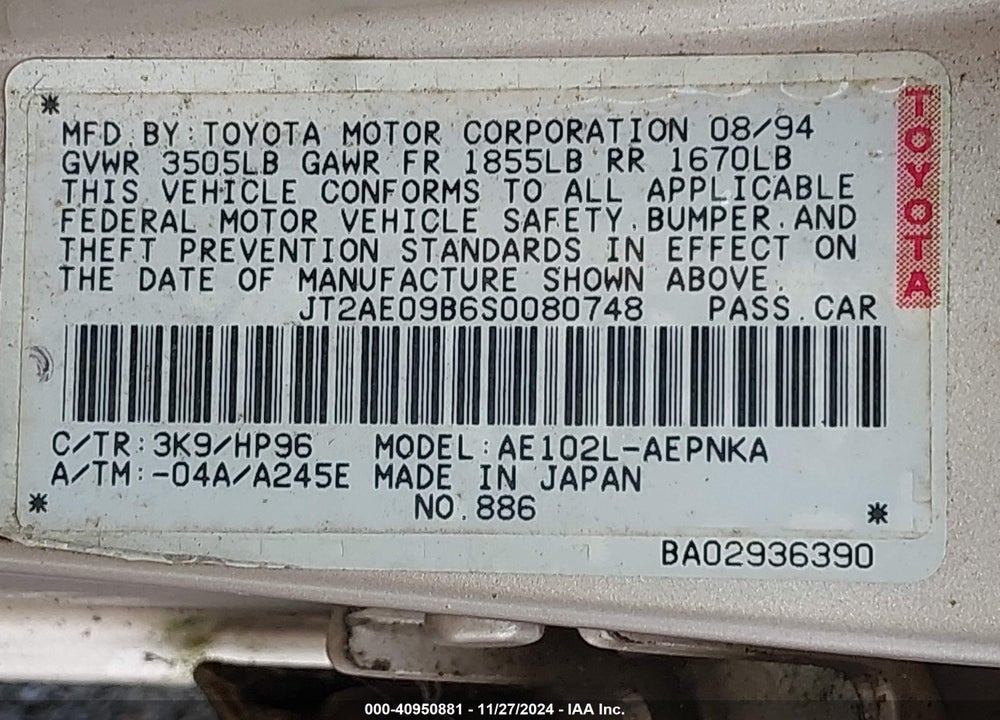1995 TOYOTA COROLLA LE/DX VIN: JT2AE09B6S0080748