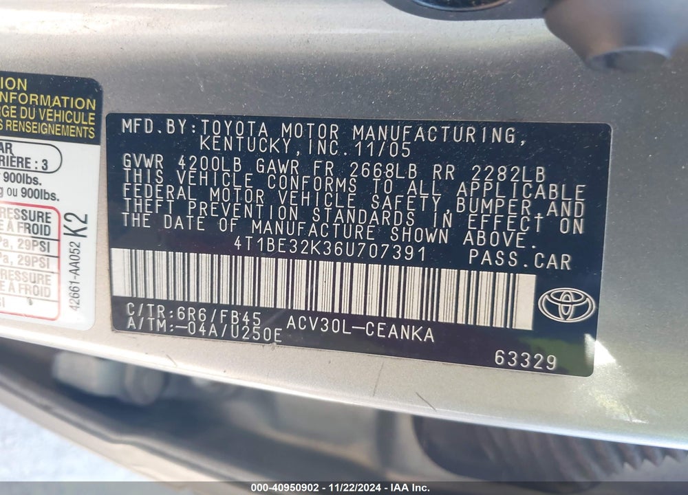 2006 TOYOTA CAMRY LE VIN: 4T1BE32K36U707391