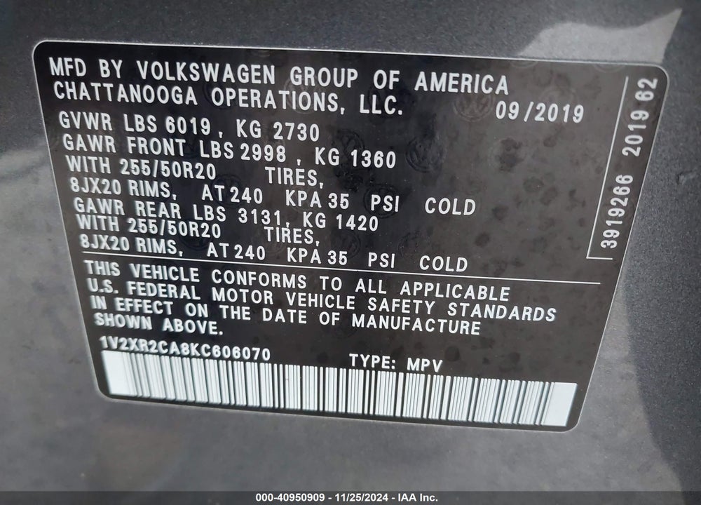 2019 VOLKSWAGEN ATLAS 3.6L V6 SE W/TECHNOLOGY R-LINE VIN: 1V2XR2CA8KC606070