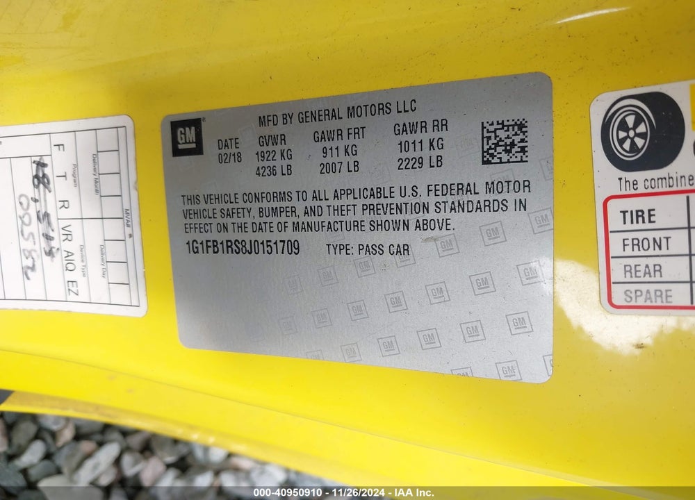 2018 CHEVROLET CAMARO 1LT VIN: 1G1FB1RS8J0151709