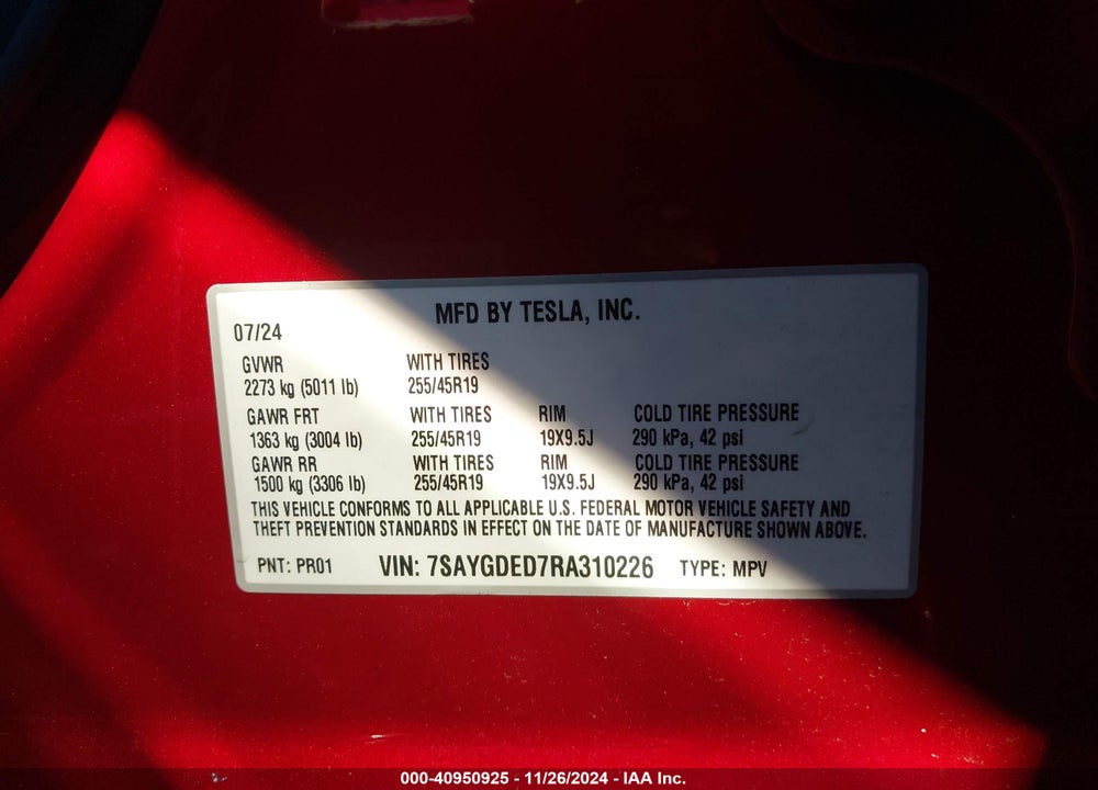 2024 TESLA MODEL Y LONG RANGE DUAL MOTOR ALL-WHEEL DRIVE/RWD VIN: 7SAYGDED7RA310226