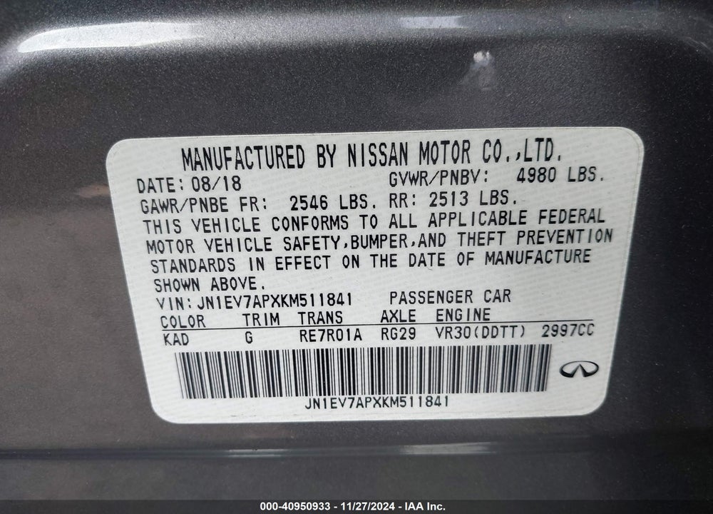 2019 INFINITI Q50 3.0T LUXE VIN: JN1EV7APXKM511841