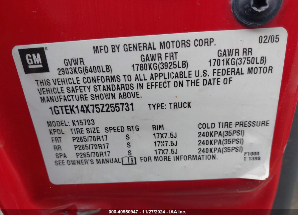 2005 GMC SIERRA 1500 WORK TRUCK VIN: 1GTEK14X75Z255731