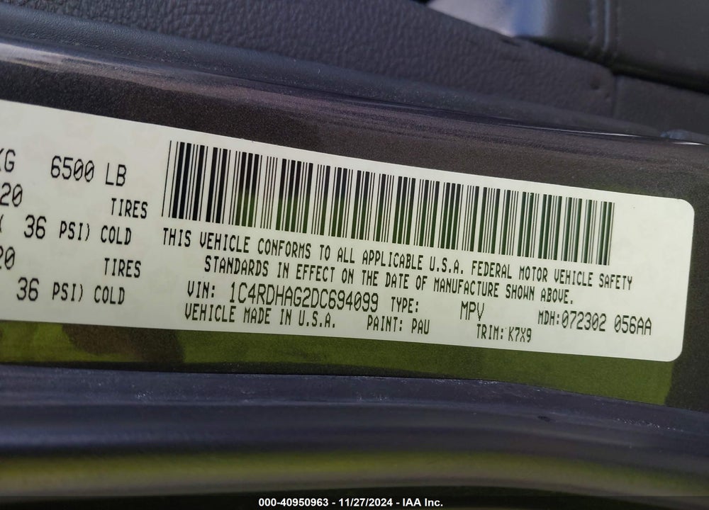 2013 DODGE DURANGO SXT VIN: 1C4RDHAG2DC694099