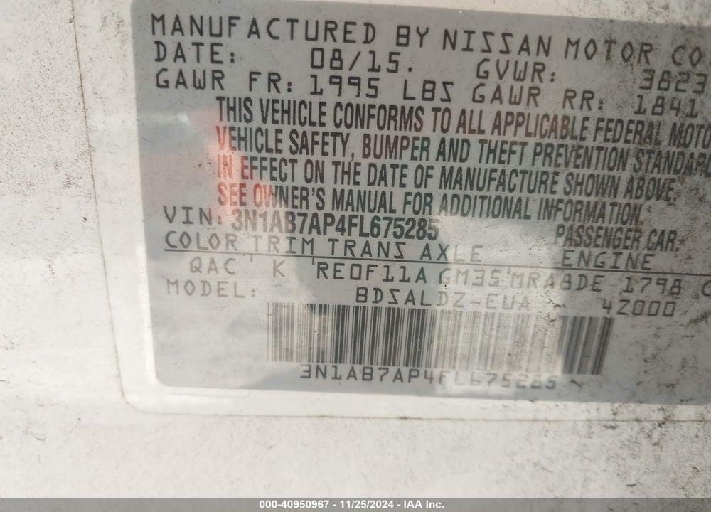 2015 NISSAN SENTRA SV VIN: 3N1AB7AP4FL675285