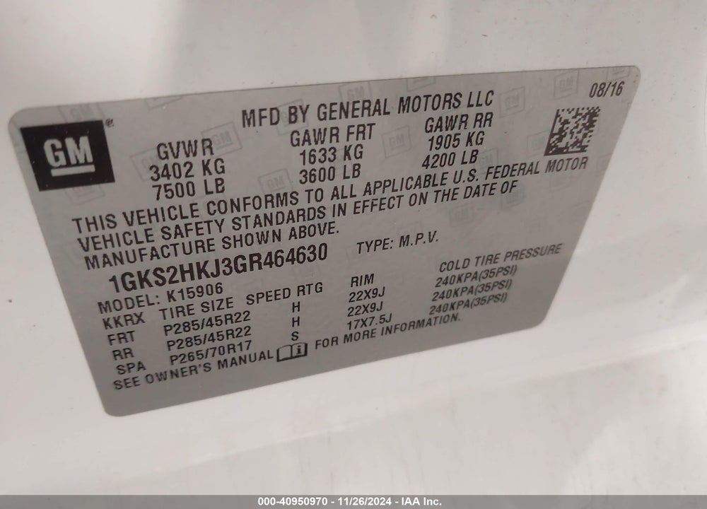 2016 GMC YUKON XL DENALI VIN: 1GKS2HKJ3GR464630