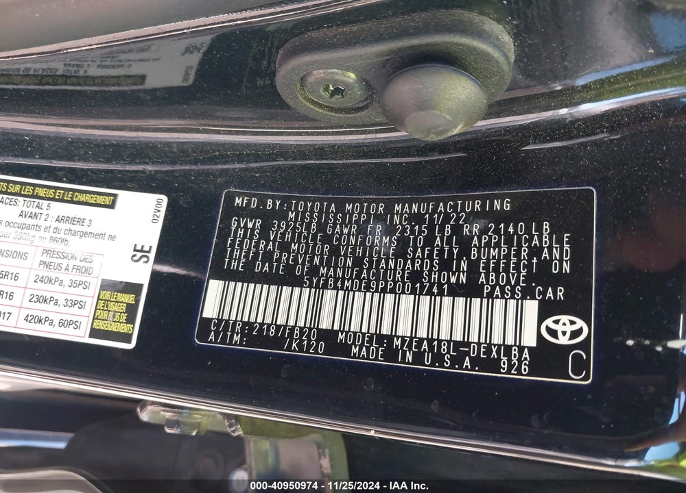 2023 TOYOTA COROLLA LE VIN: 5YFB4MDE9PP001741