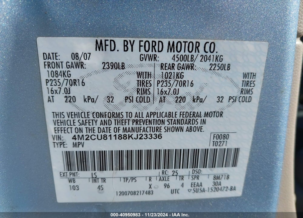 2008 MERCURY MARINER V6 VIN: 4M2CU81188KJ23336