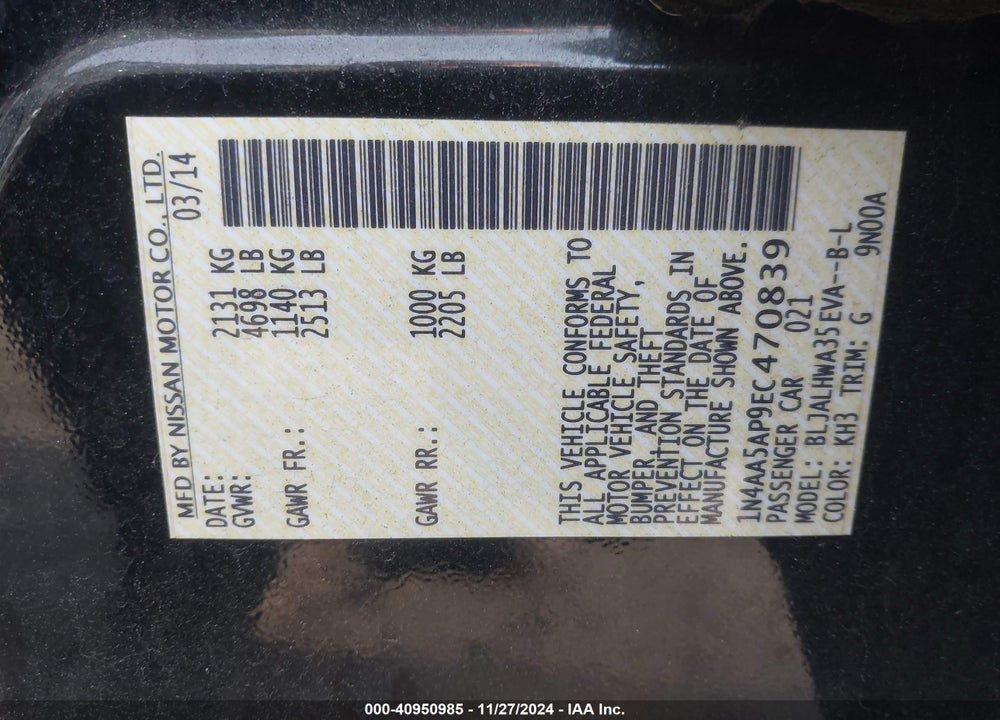 2014 NISSAN MAXIMA 3.5 SV VIN: 1N4AA5AP9EC470839