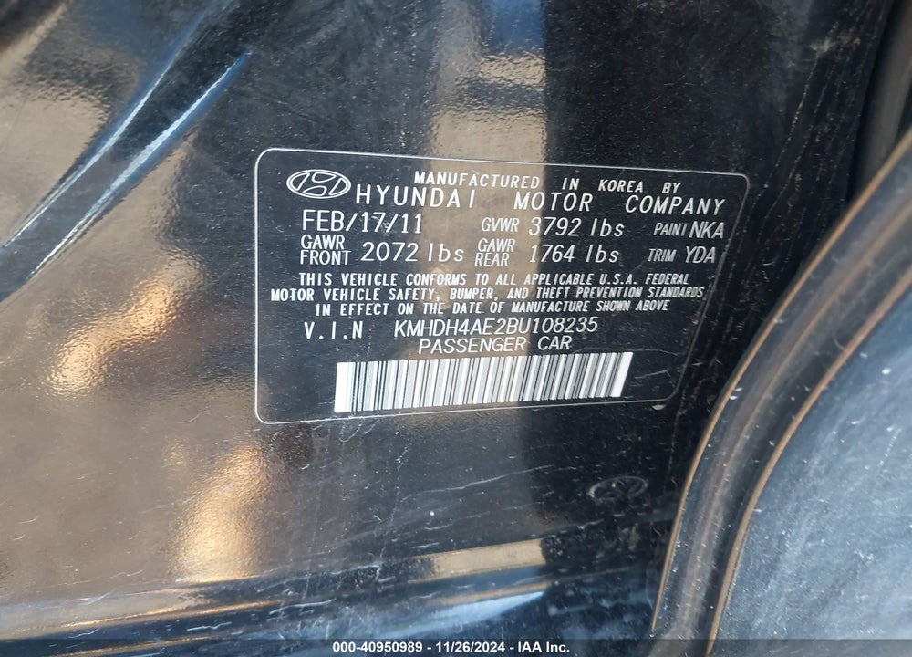 2011 HYUNDAI ELANTRA GLS (ULSAN PLANT) VIN: KMHDH4AE2BU108235