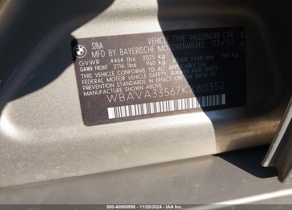 2007 BMW 328I VIN: WBAVA33567KX80352