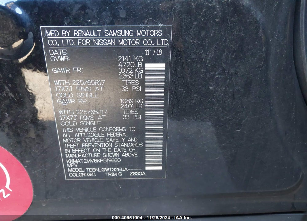 2019 NISSAN ROGUE SV VIN: KNMAT2MV6KP519660
