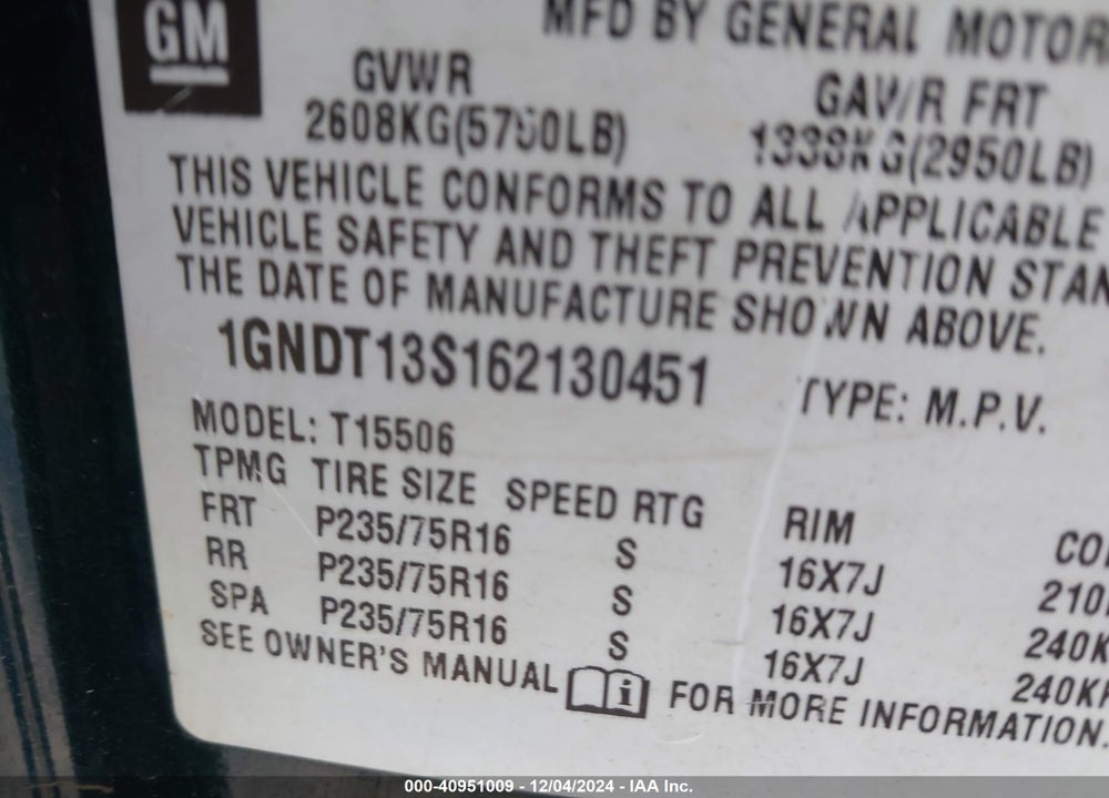 2006 CHEVROLET TRAILBLAZER LS VIN: 1GNDT13S162130451