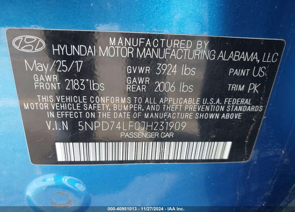 2018 HYUNDAI ELANTRA SE VIN: 5NPD74LF0JH231909