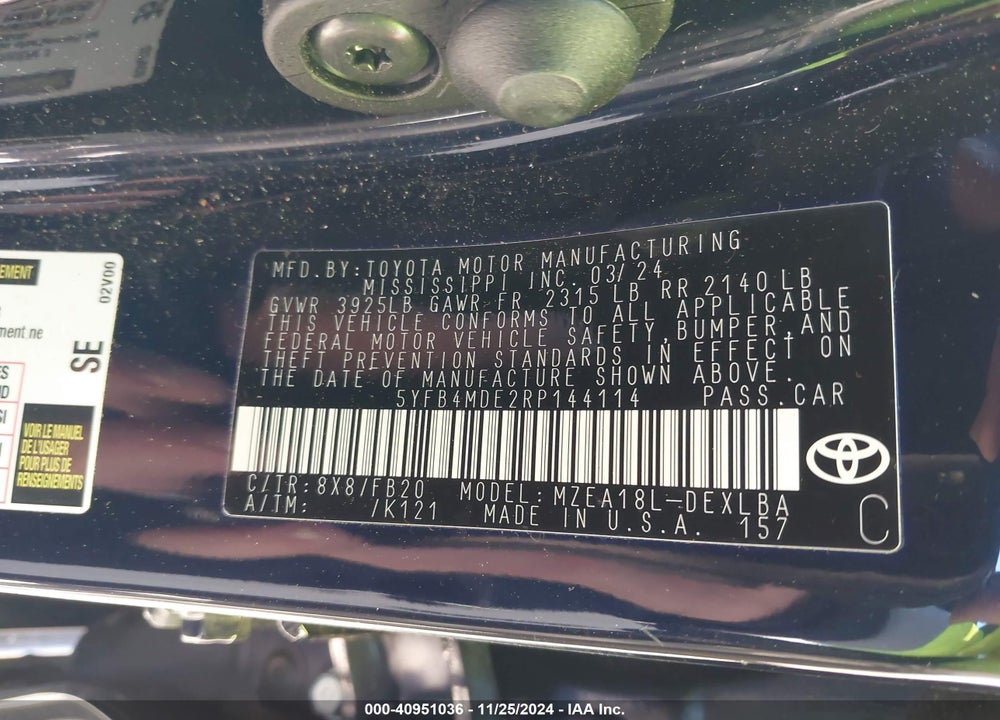 2024 TOYOTA COROLLA LE VIN: 5YFB4MDE2RP144114