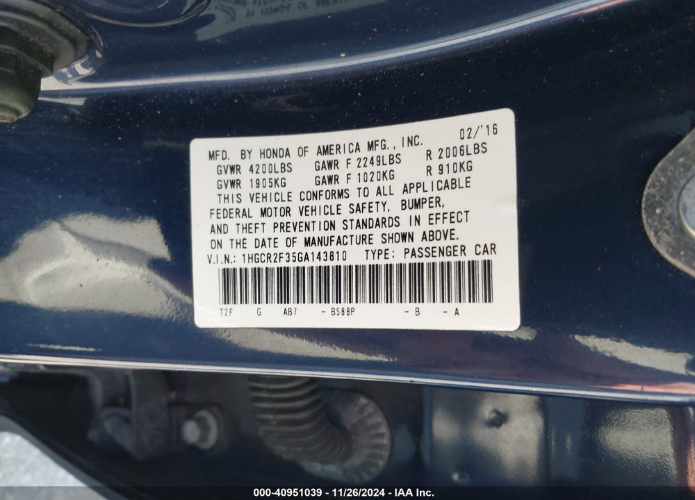 2016 HONDA ACCORD VIN: 1HGCR2F35GA143810