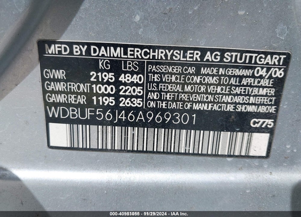 2006 MERCEDES-BENZ E 350 VIN: WDBUF56J46A969301