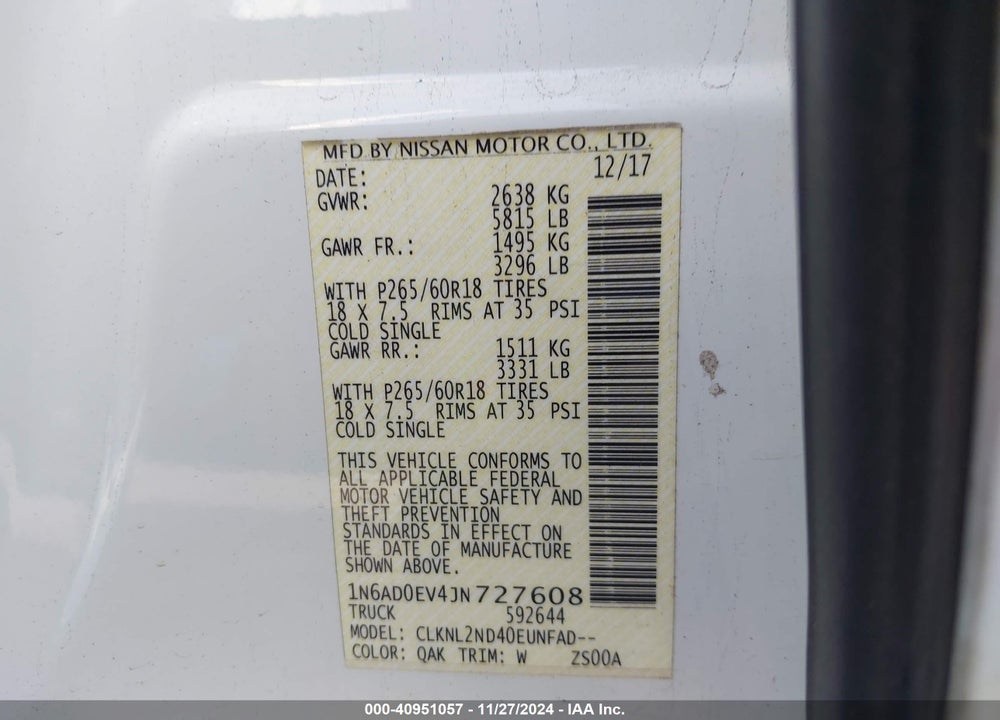 2018 NISSAN FRONTIER SV VIN: 1N6AD0EV4JN727608